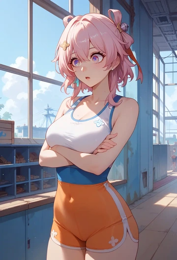 star rail,march 7th,tankini top,board shorts  - AI generated anime art